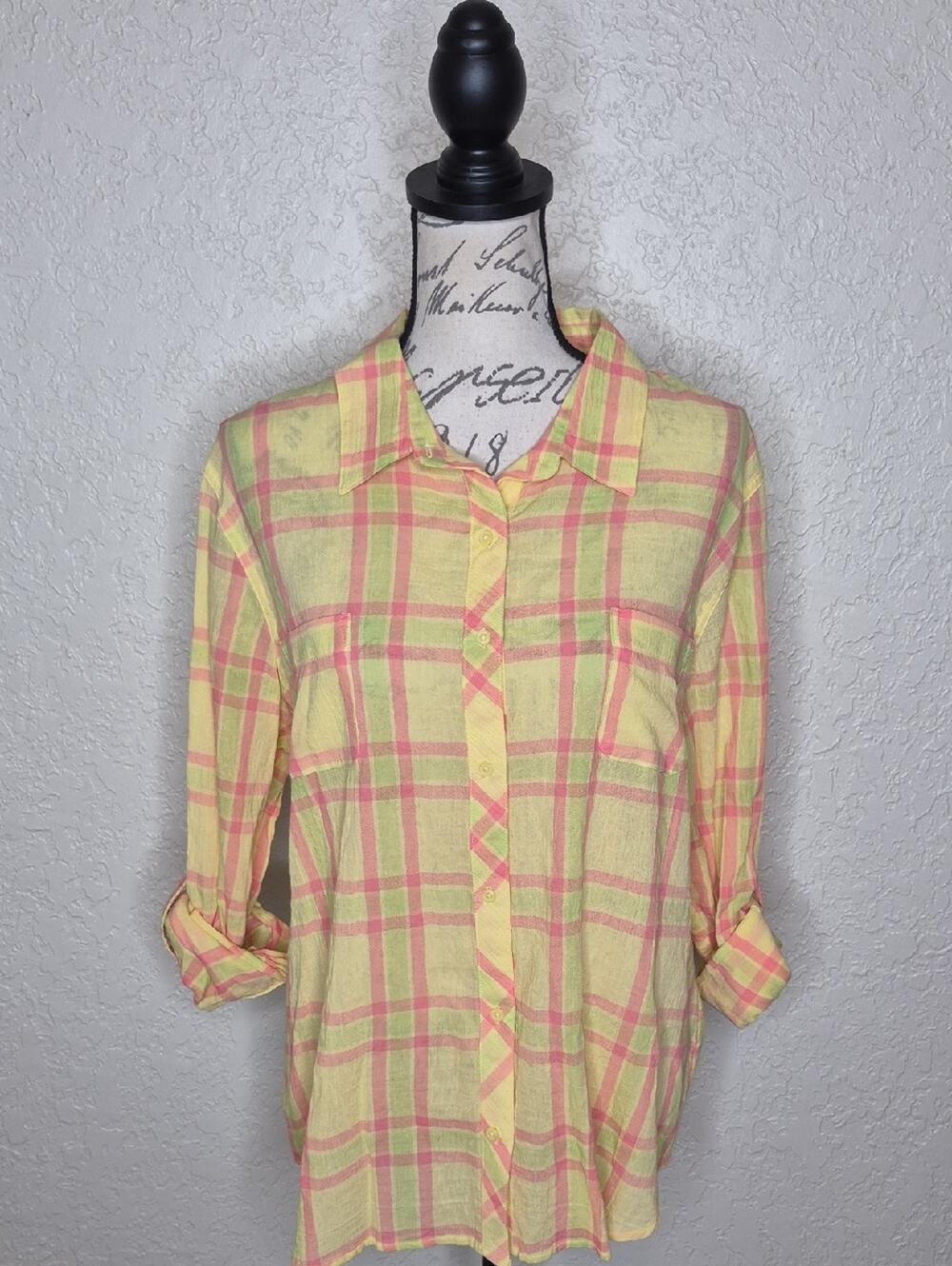 Basic Editions Plaid‎ Button Front Shirt Size XL